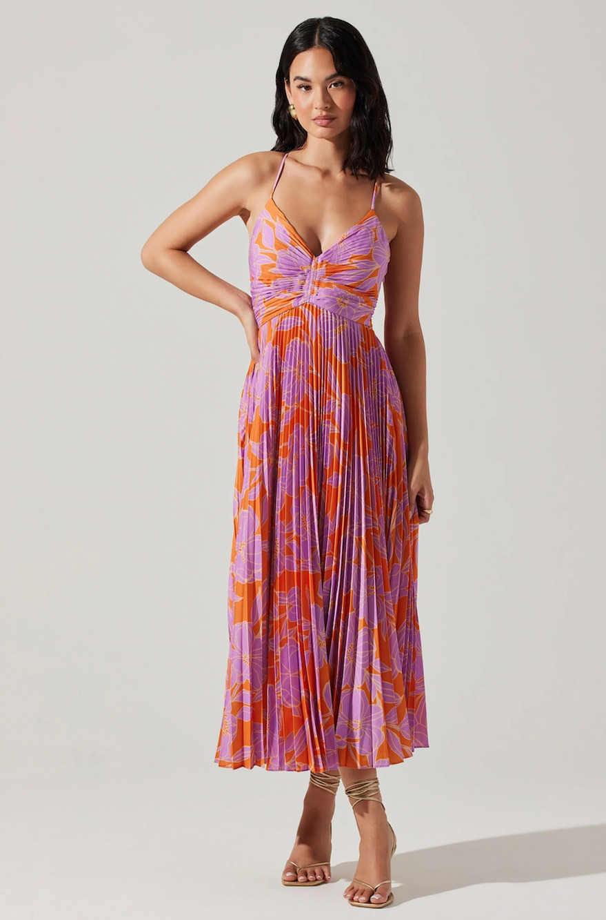 Astr the Label Blythe Floral Plisse Midi Dress Orange Purple Flower Women Medium